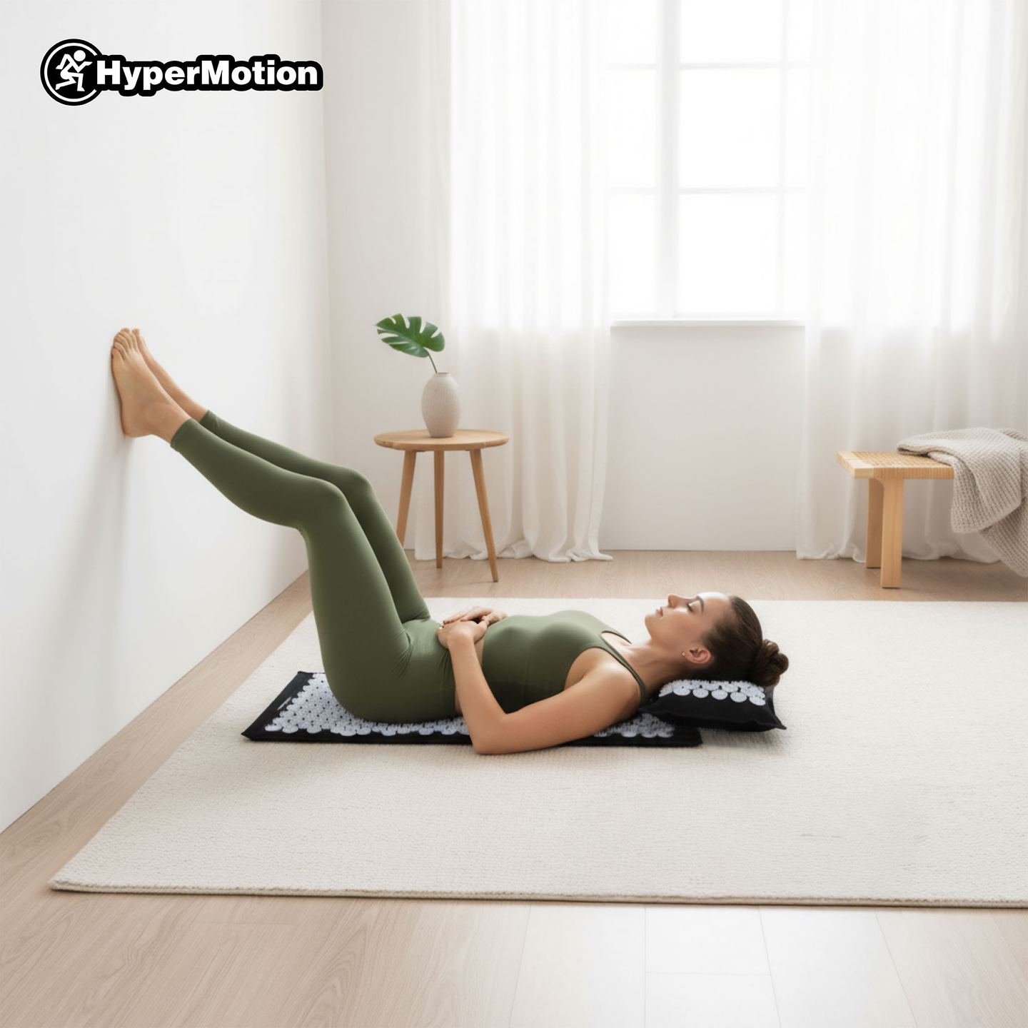 Tapete de acupressão em linho ecológico com fibra de coco e almofada de trigo sarraceno – 68 cm HyperMotion Preto e Branco