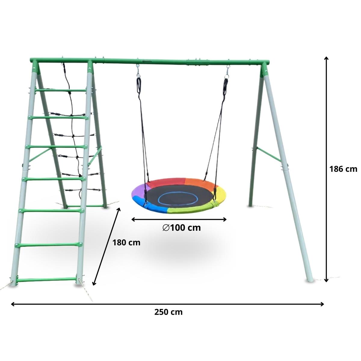 Parque infantil XL para crianças com baloiço de ninho de cegonha, escada e rede de escalada