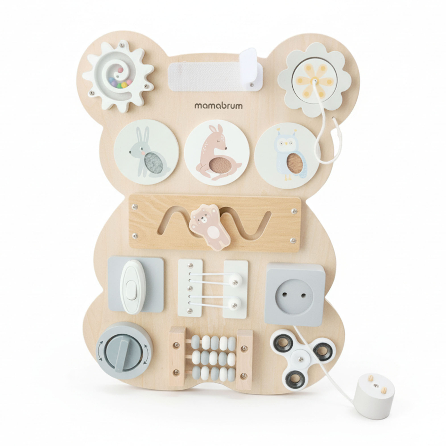 Quadro de atividades Montessori de madeira com ursinho de pelúcia - aprendizagem sensorial da independência: velcro, plugue, labirinto, botão com clique.