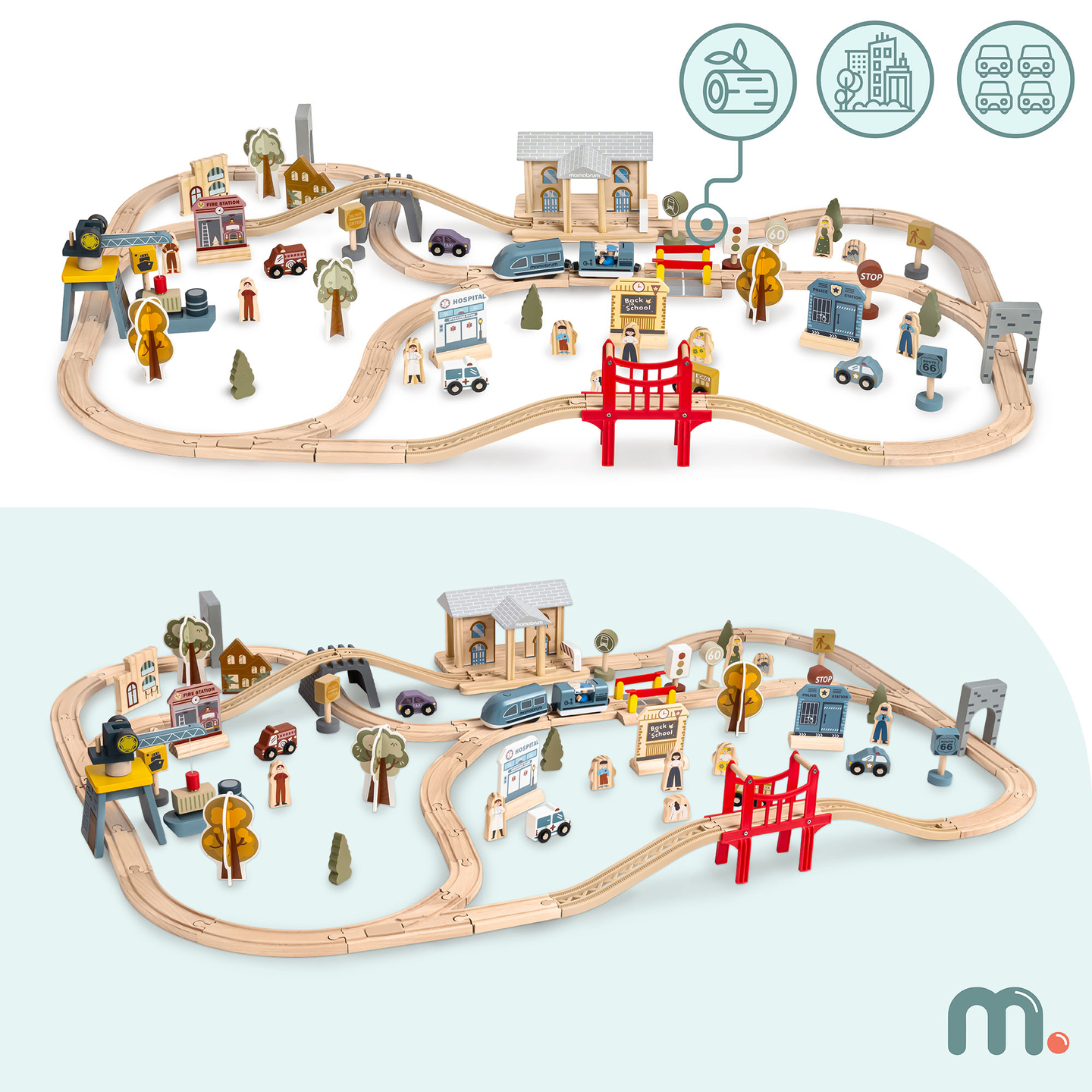 Ferrovia urbana de madeira com trem elétrico - guindaste móvel, navio, pontes