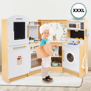 XXXXL grande cozinha interactiva de madeira com iluminação LED, máquina de lavar roupa, micro-ondas, máquina de café e conjunto de frutas e legumes - 50 elementos
