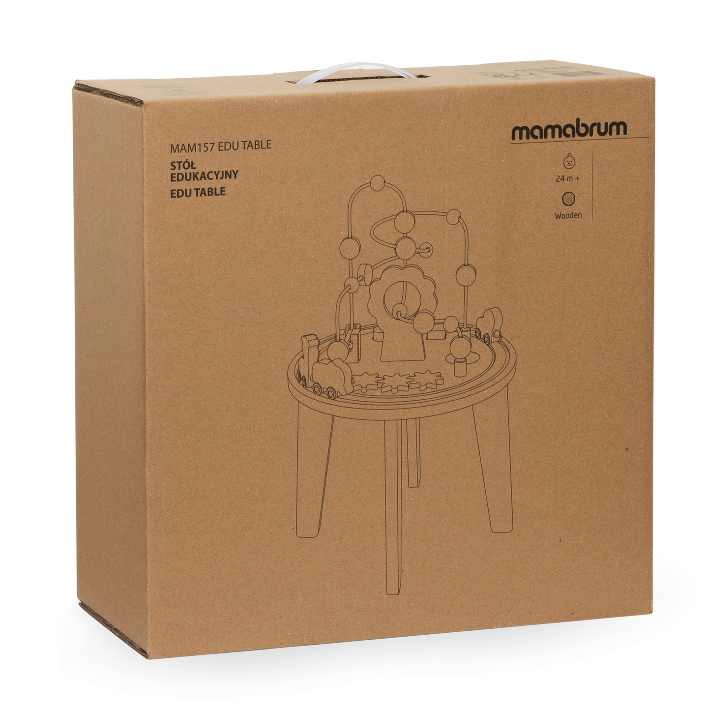 Mesa educacional redonda de madeira com trem magnético e lançador de contas