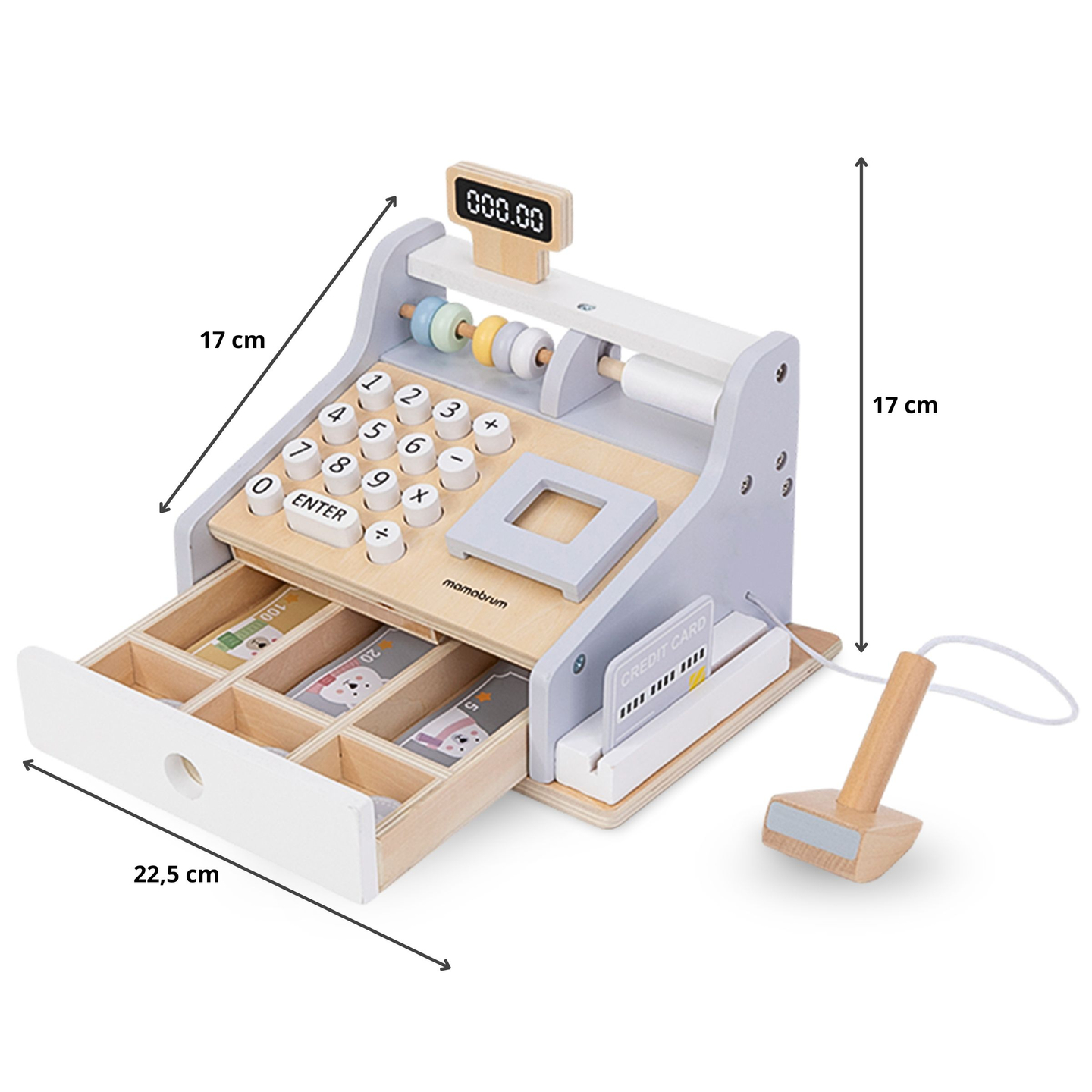 Caixa registradora de madeira com acessórios