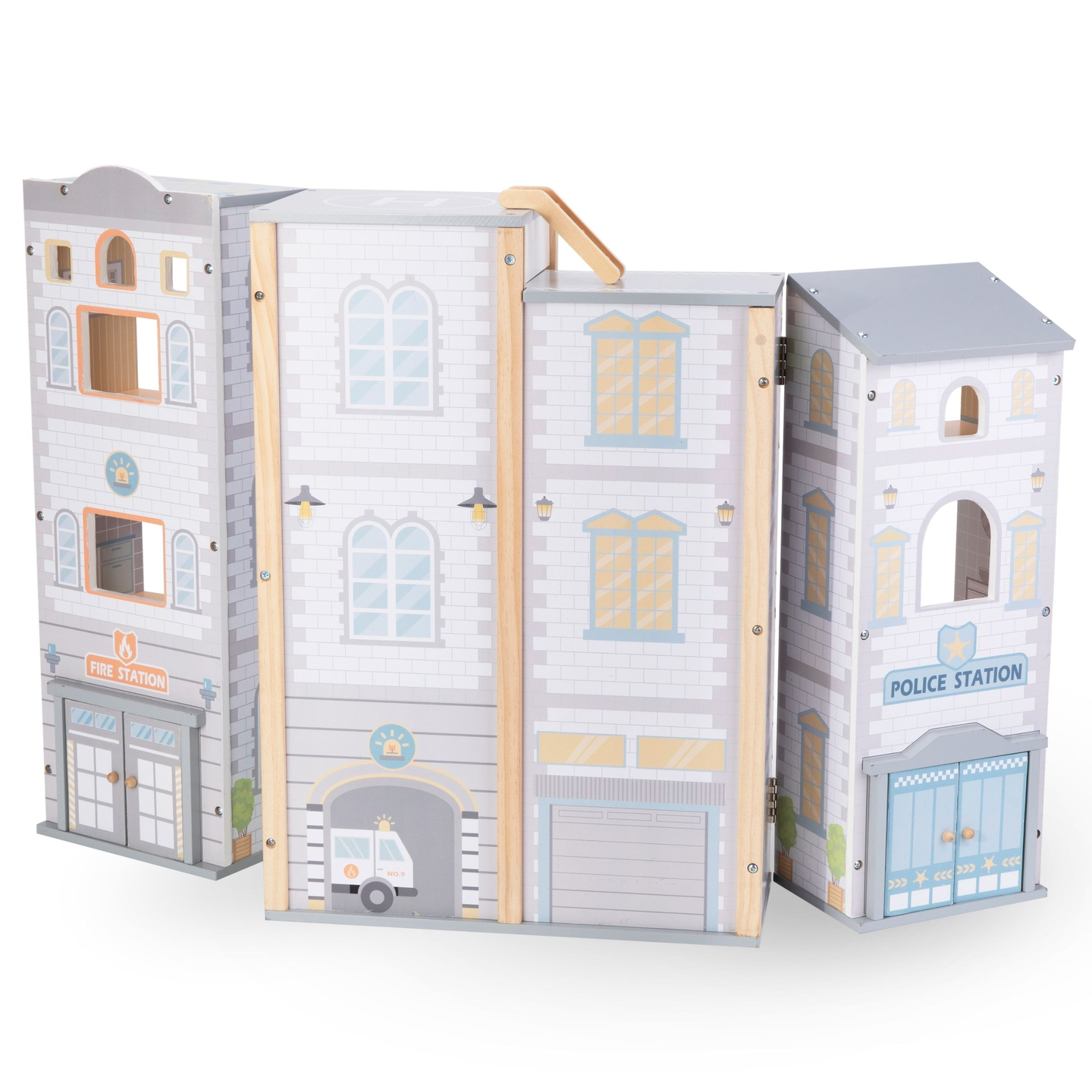 Grande corpo de bombeiros dobrável com delegacia - conjunto de madeira. Corpo de bombeiros e delegacia com acessórios.