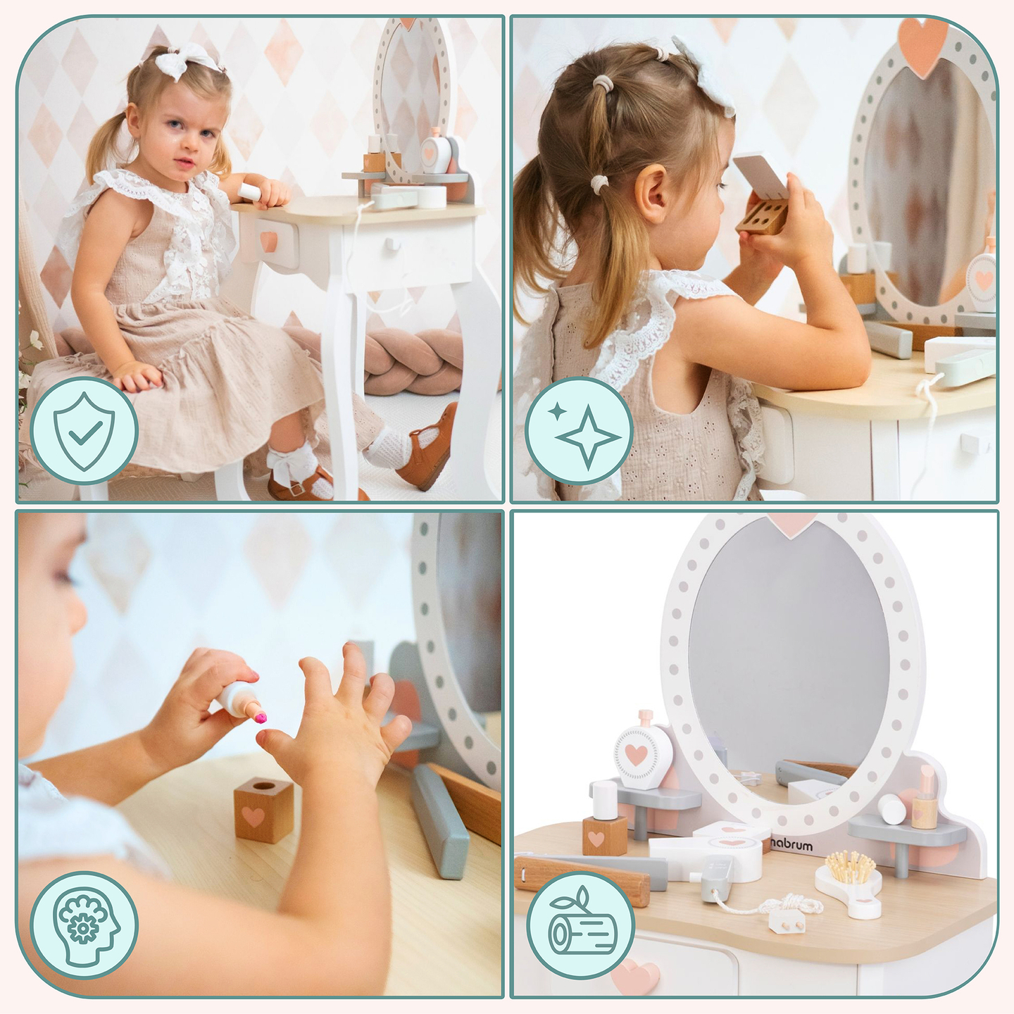 Penteadeira de madeira com banco e acessórios