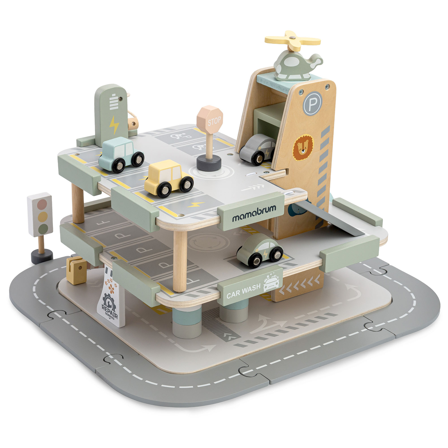 Garagem de madeira de três andares para crianças com acessórios – estacionamento, posto de gasolina, lava-rápido, helicóptero