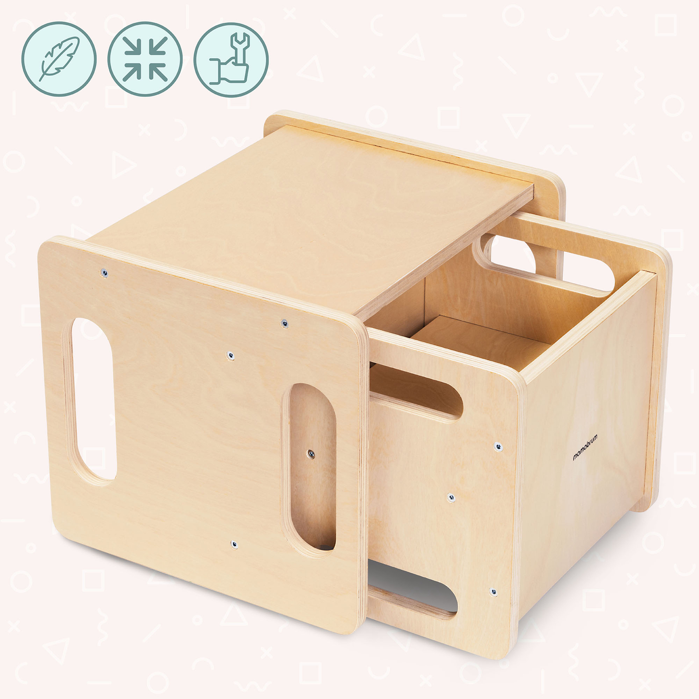 Mesa e cadeira de madeira com função de trampolim – um conjunto Montessori multifuncional para crianças