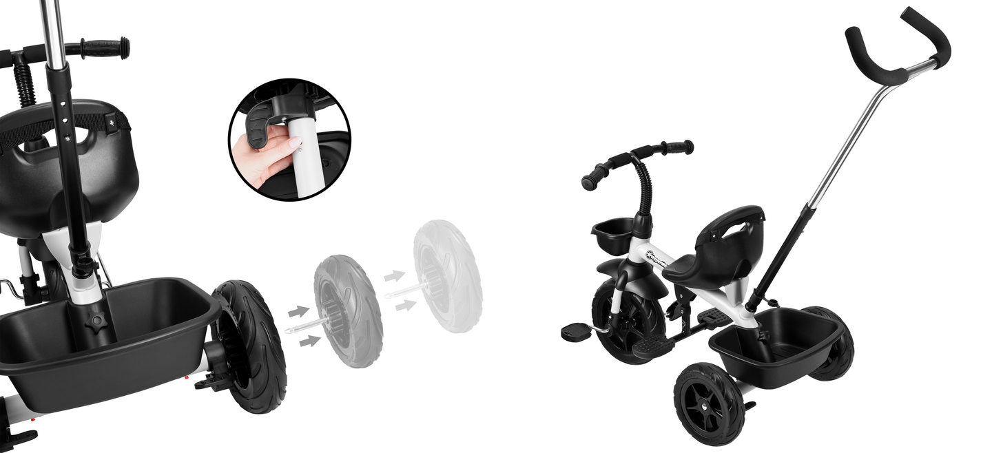 Triciclo HyperMotion TOBI VECTOR - rodas permanentemente infladas + empurrador. Cor: cinza claro.