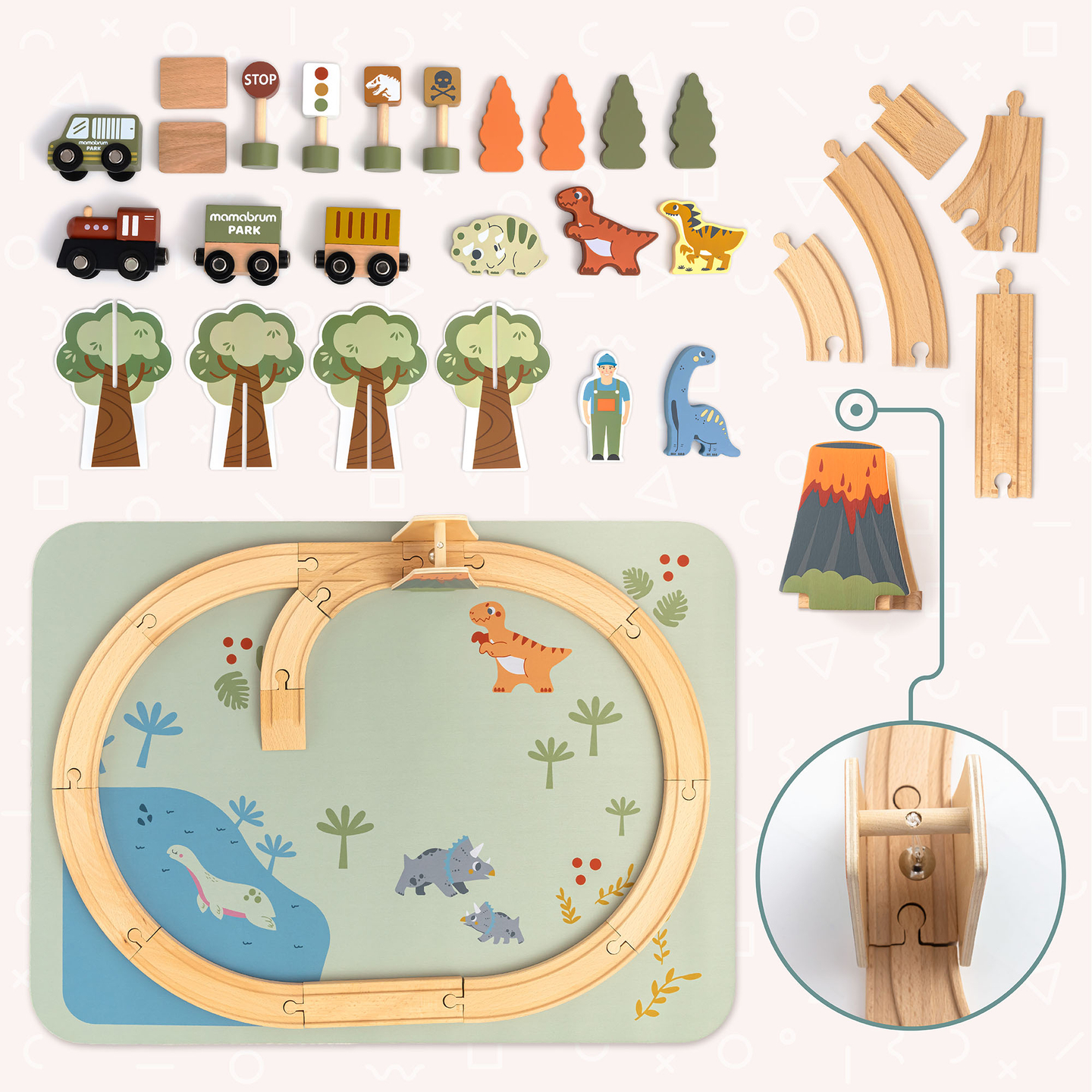 Trem de madeira Dino Park com tapete antiderrapante - dinossauros, trem, trilhos, vulcão, sino