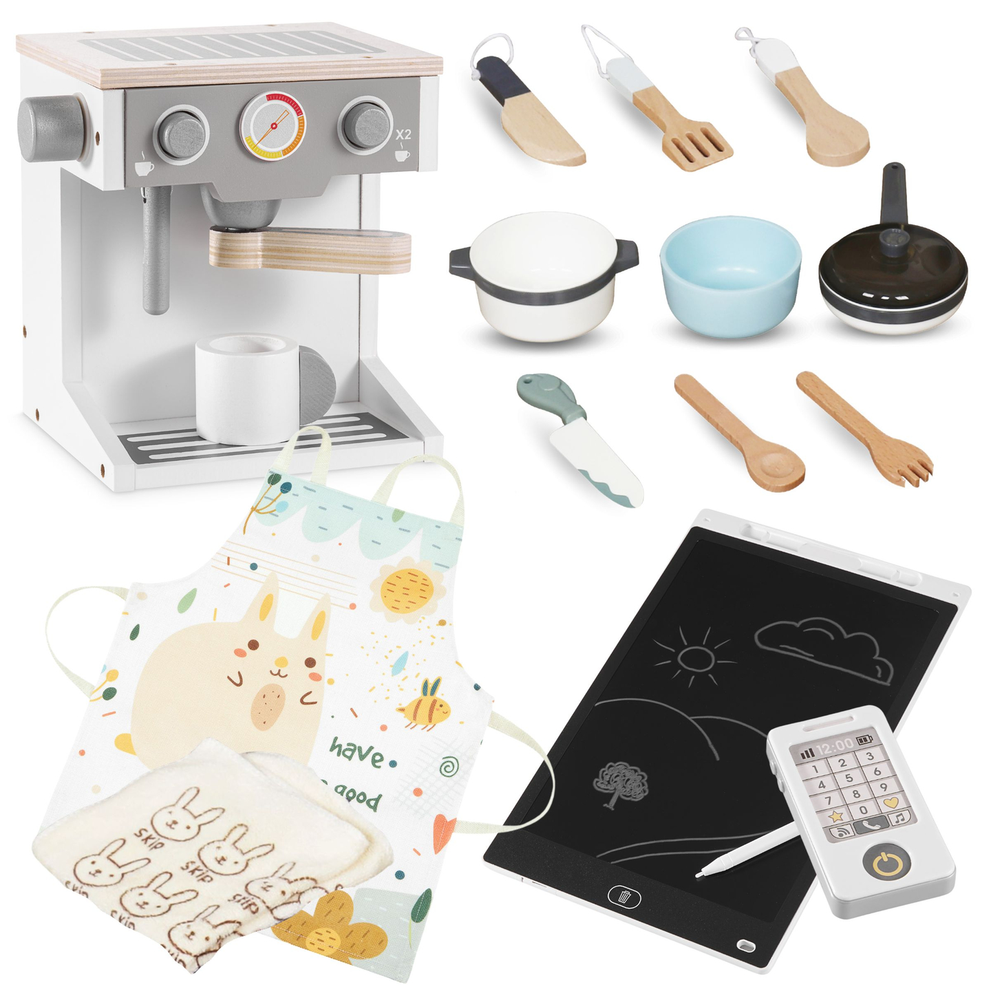 XXXXL grande cozinha interactiva de madeira com iluminação LED, máquina de lavar roupa, micro-ondas, máquina de café e conjunto de frutas e legumes - 50 elementos