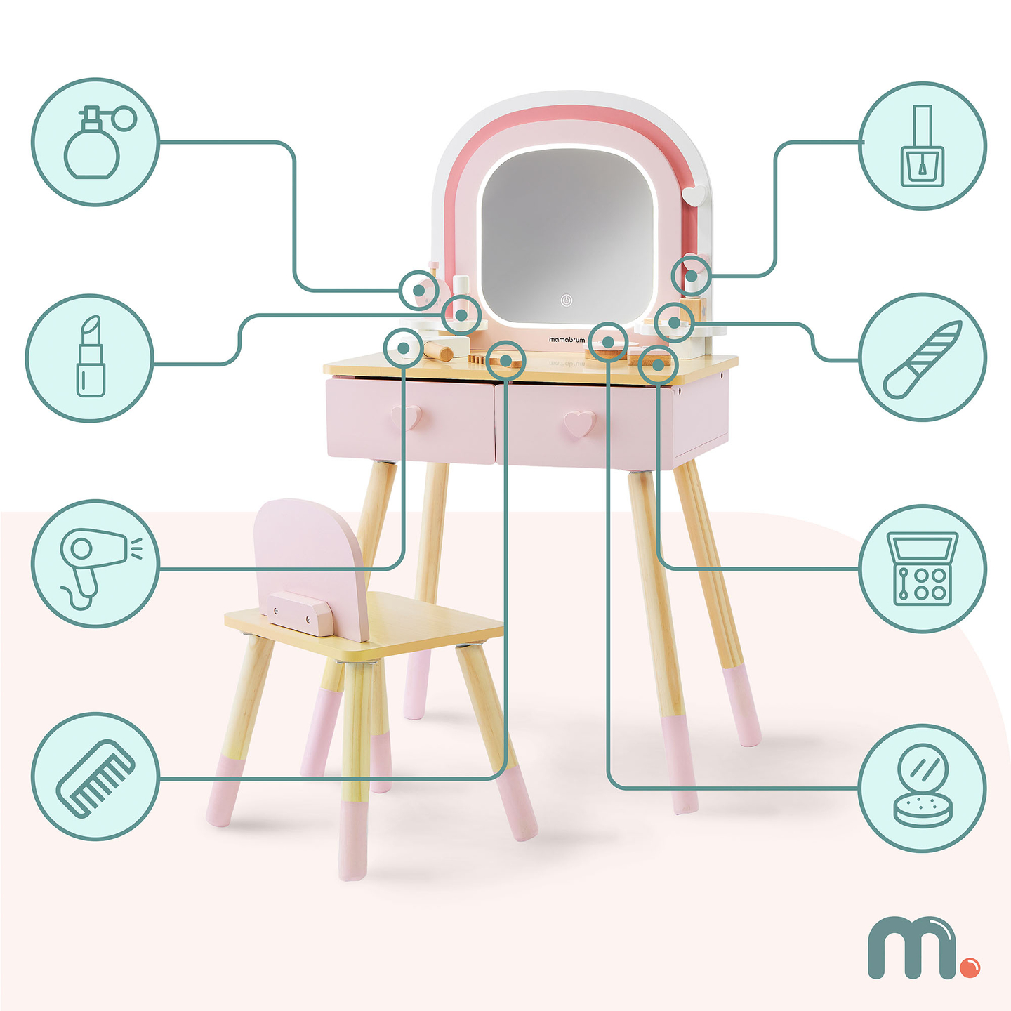 Penteadeira infantil de madeira com iluminação LED de ajuste suave de brilho, cadeira e acessórios.