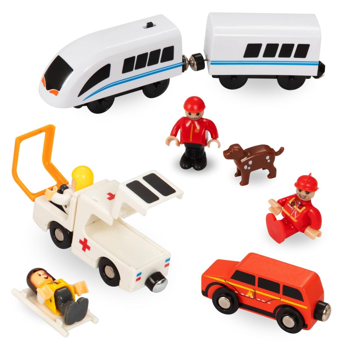 Trem de madeira, trem movido a bateria - Corpo de Bombeiros, trilhos, carros, pontes, barreira