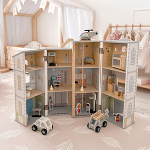 Grande corpo de bombeiros dobrável com delegacia - conjunto de madeira. Corpo de bombeiros e delegacia com acessórios.