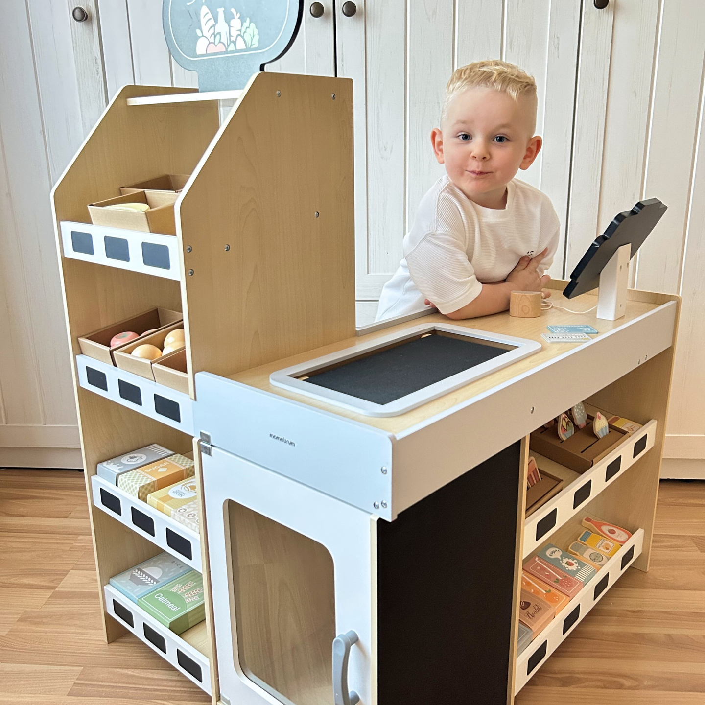 Mercado de legumes em madeira - grande banca XXL, loja com caixa registadora de brincar