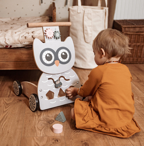 Andador multifuncional de madeira - empurrador - carrinho com blocos - Coruja
