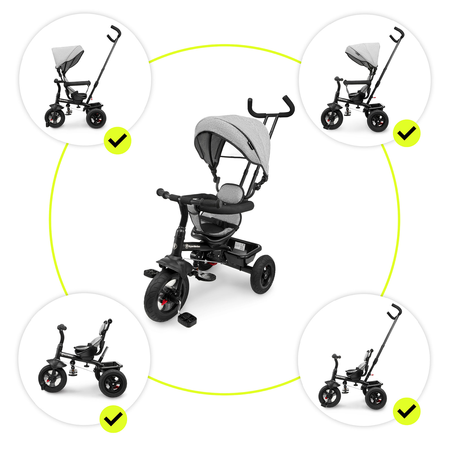 Triciclo para crianças de 1 a 4 anos - TOBI FREY - cor cinza - giratório - rodas infláveis + empurrador