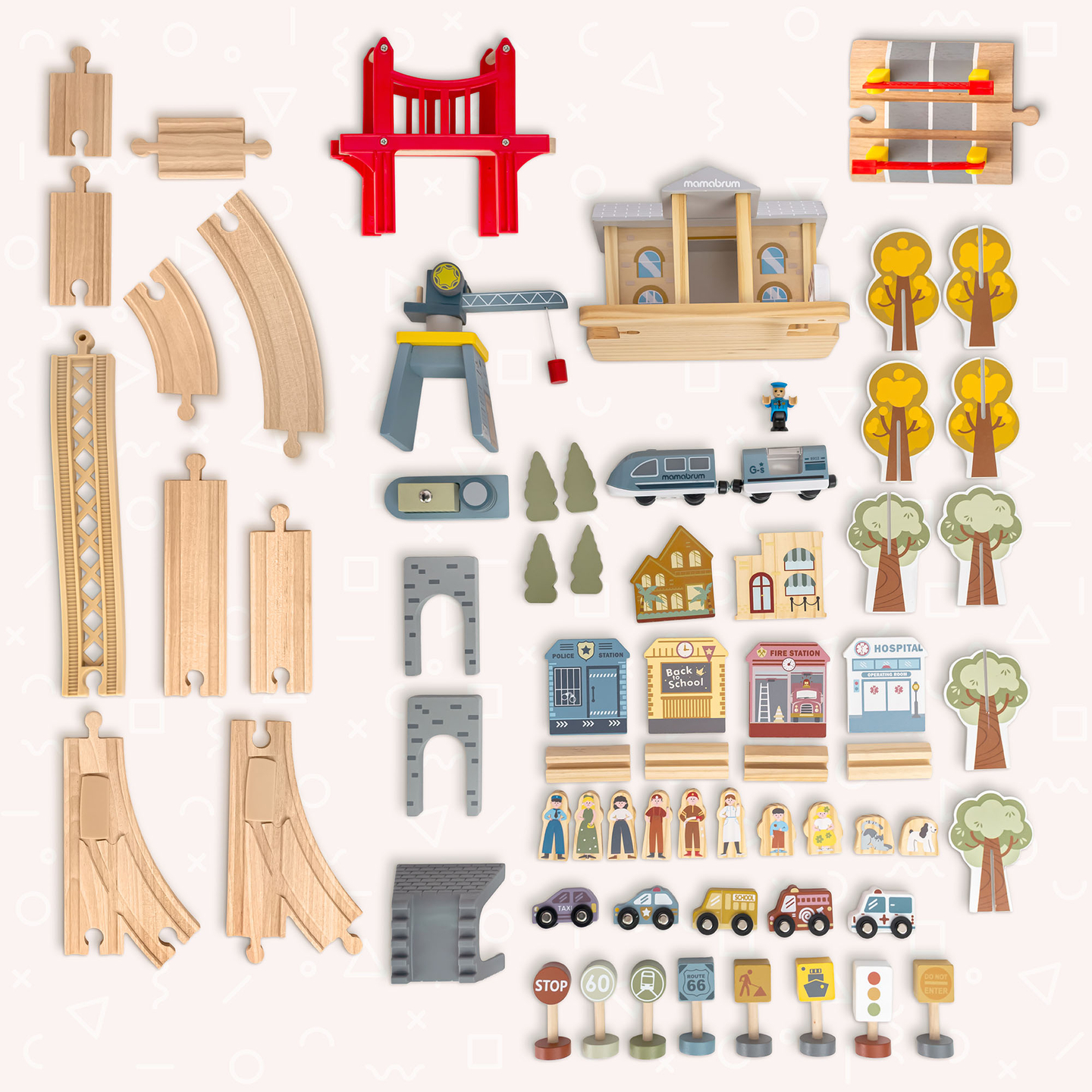 Ferrovia urbana de madeira com trem elétrico - guindaste móvel, navio, pontes