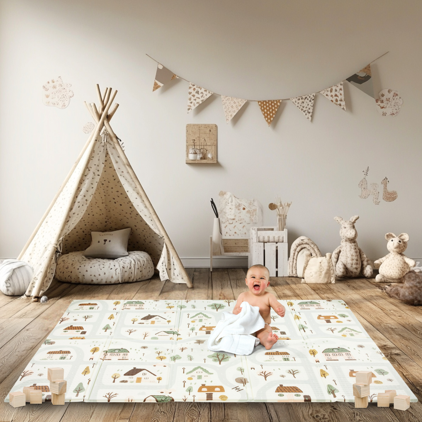 Tapete de espuma dobrável de dupla face 180 x 120 x 1cm - Charming Town/Sand Beige