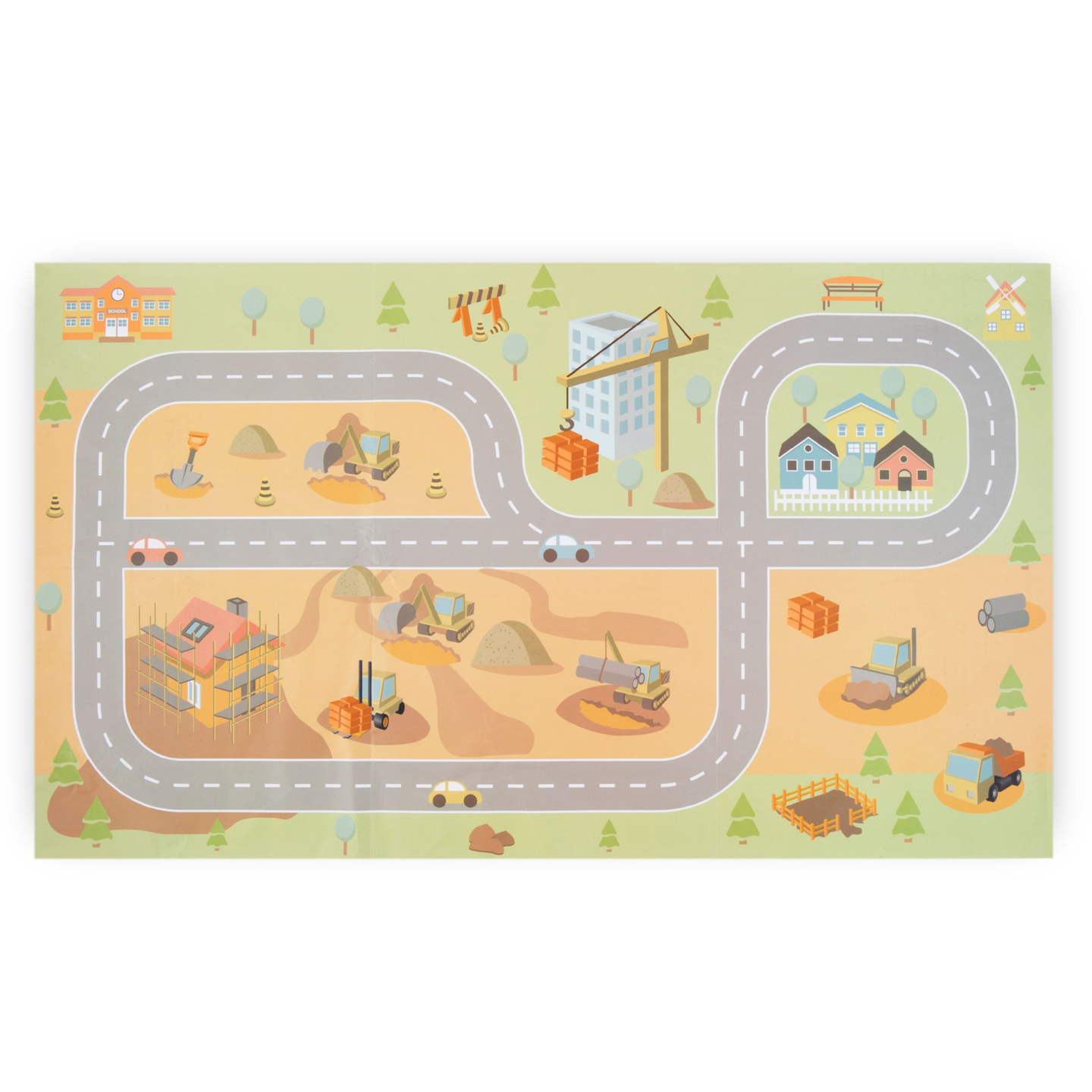 Canteiro de obras de madeira com grande guindaste móvel e veículos, guindaste de torre