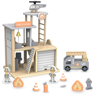 Quartel de bombeiros de madeira com acessórios, quartel de bombeiros