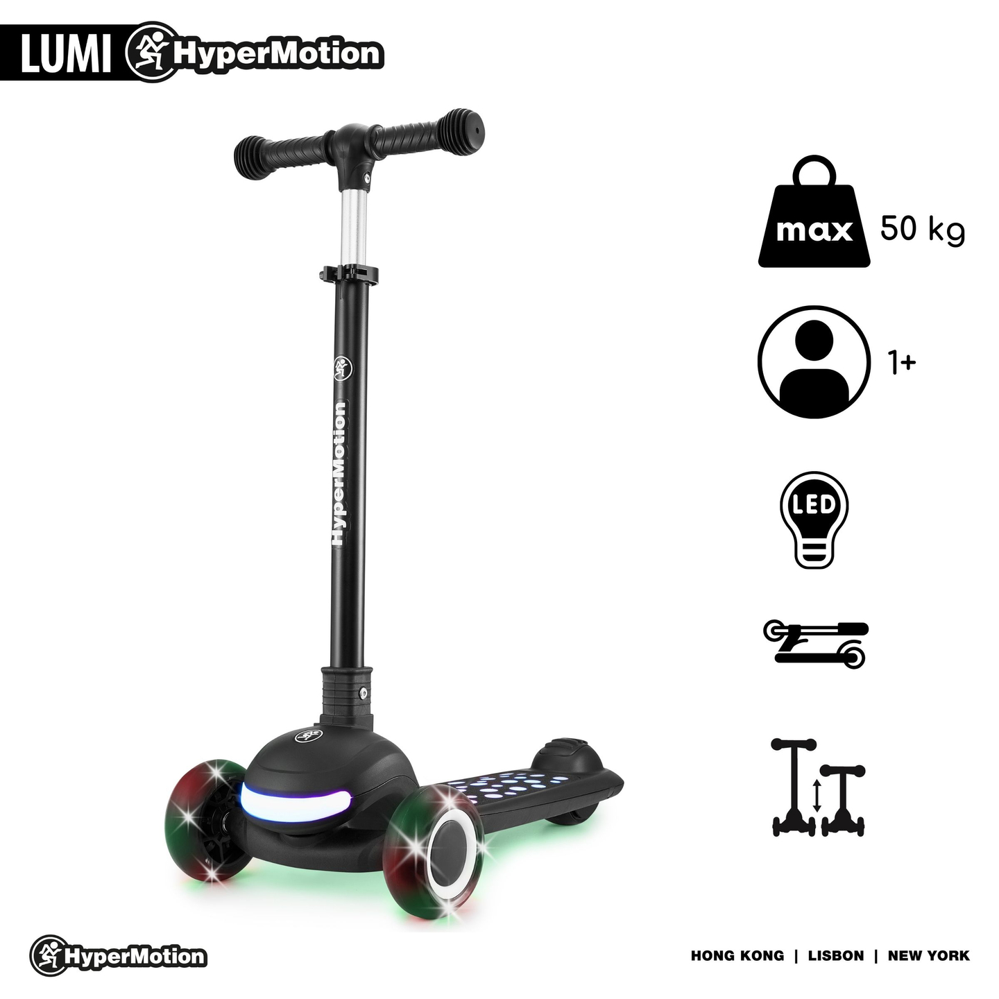 Trotinete de equilíbrio 3 em 1 HyperMotion LUMI - plataforma iluminada e rodas LED, cor preta