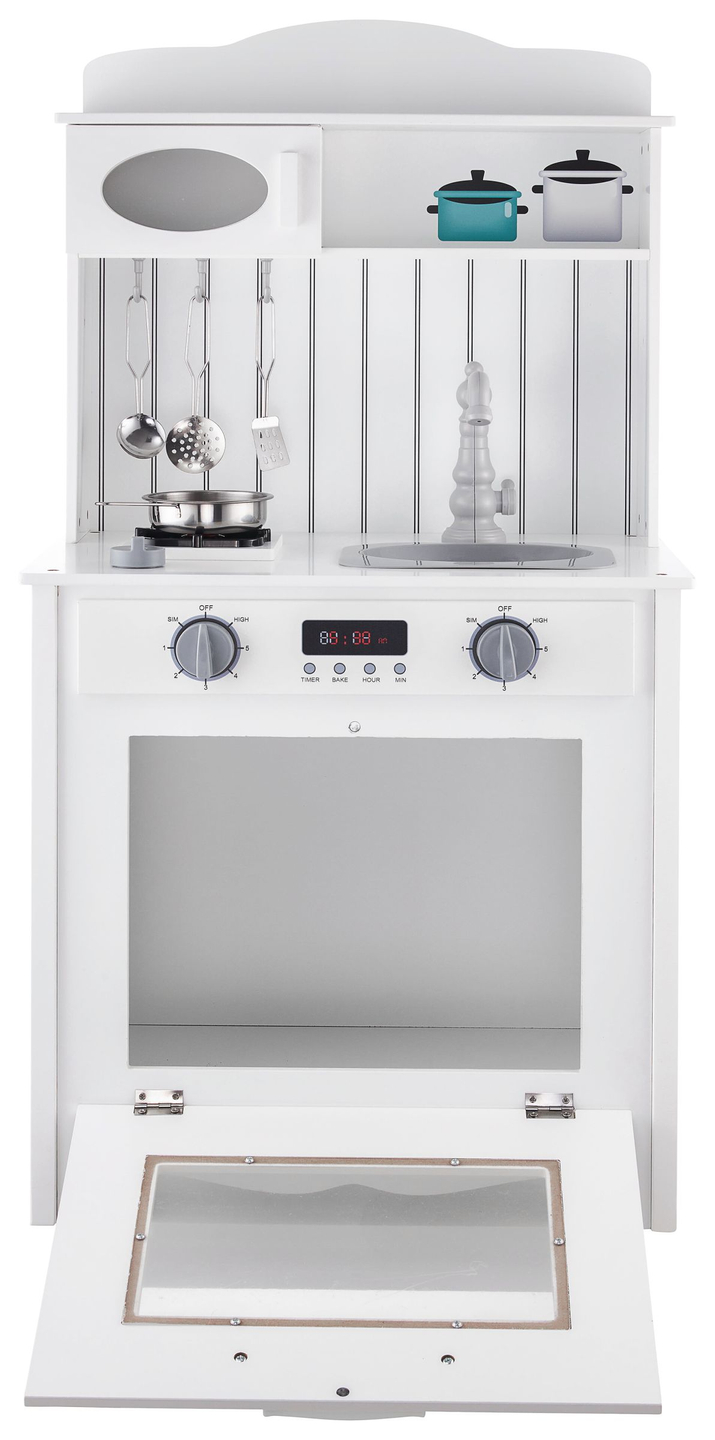 Cozinha de madeira branca com avental, acessórios e lâmpada LED