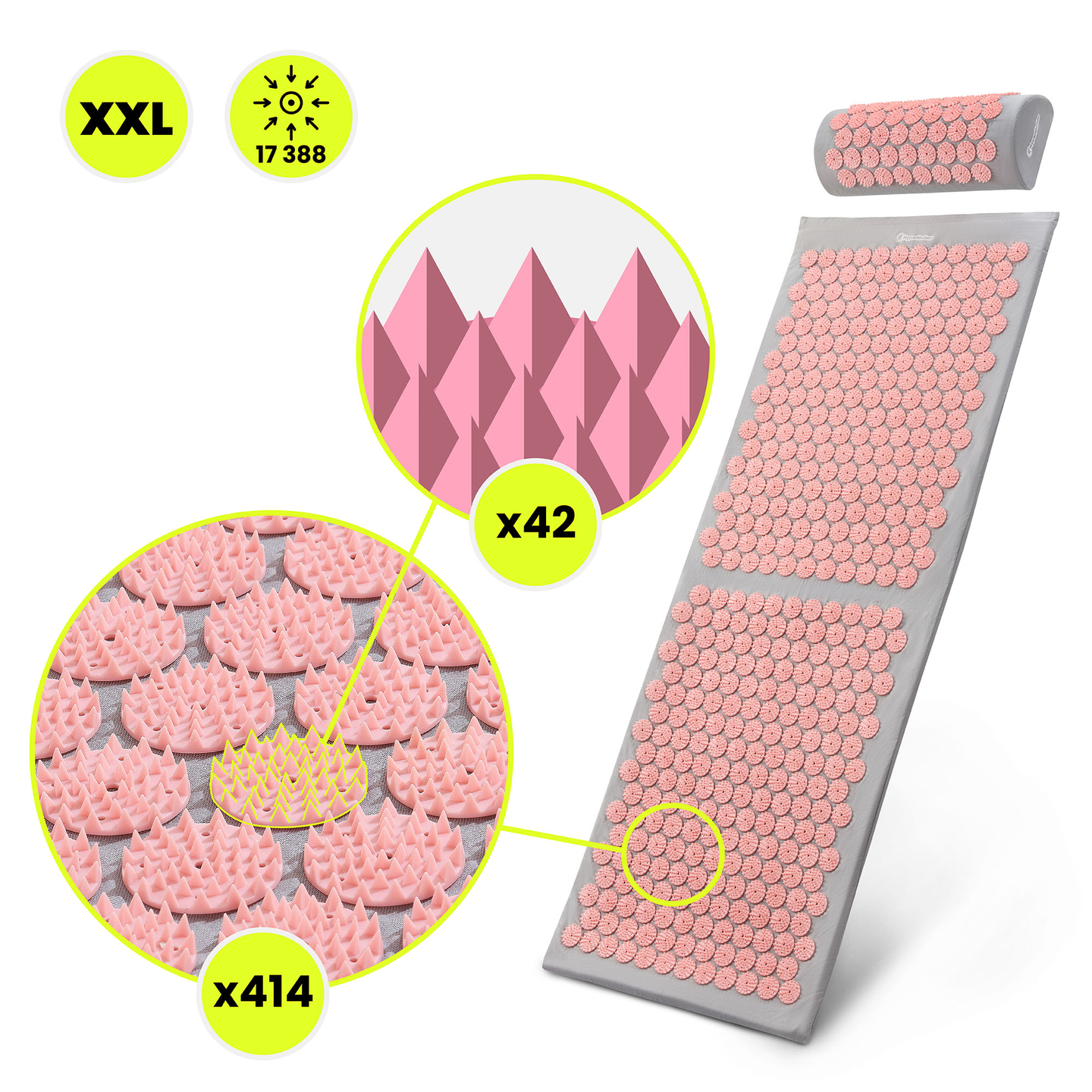 Tapete de acupressão grande com almofada e capa - 130 cm HyperMotion cinza e rosa