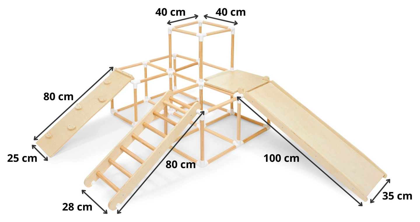 Grande playground doméstico XXL de madeira - escorregador, escada, parede de escalada, cubos de escalada