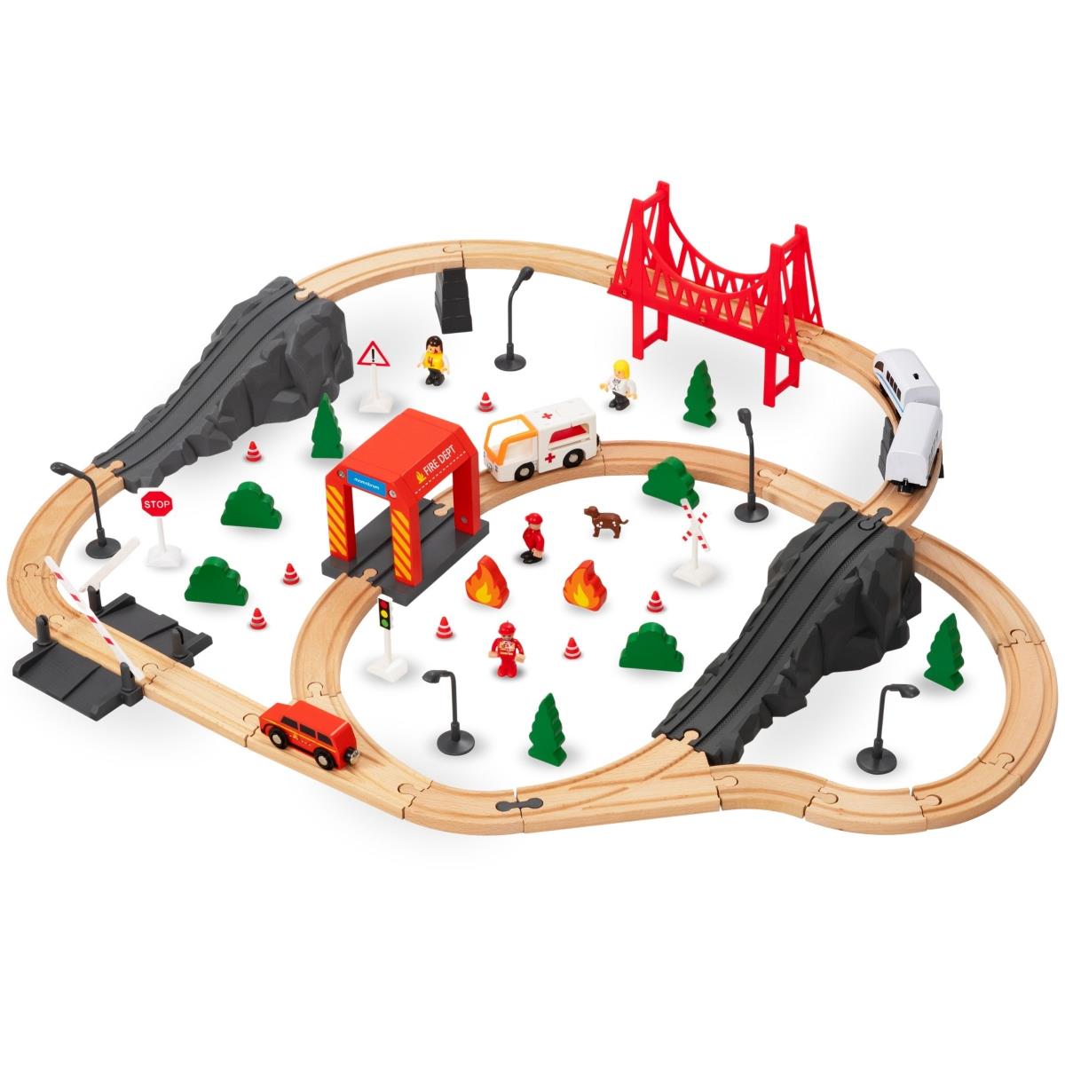 Trem de madeira, trem movido a bateria - Corpo de Bombeiros, trilhos, carros, pontes, barreira