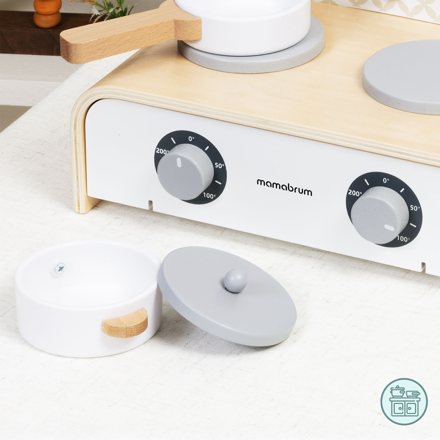 Cozinha dobrável de madeira Mamabrum para crianças - Conjunto com panelas, acessórios de cozinha e armazenamento