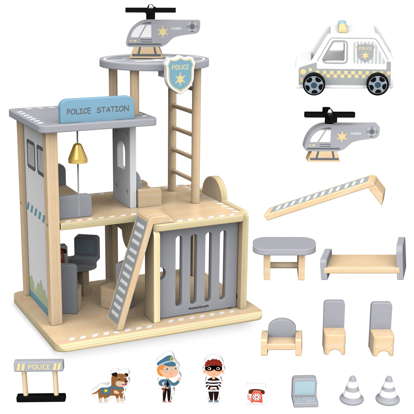 Delegacia de madeira com acessórios