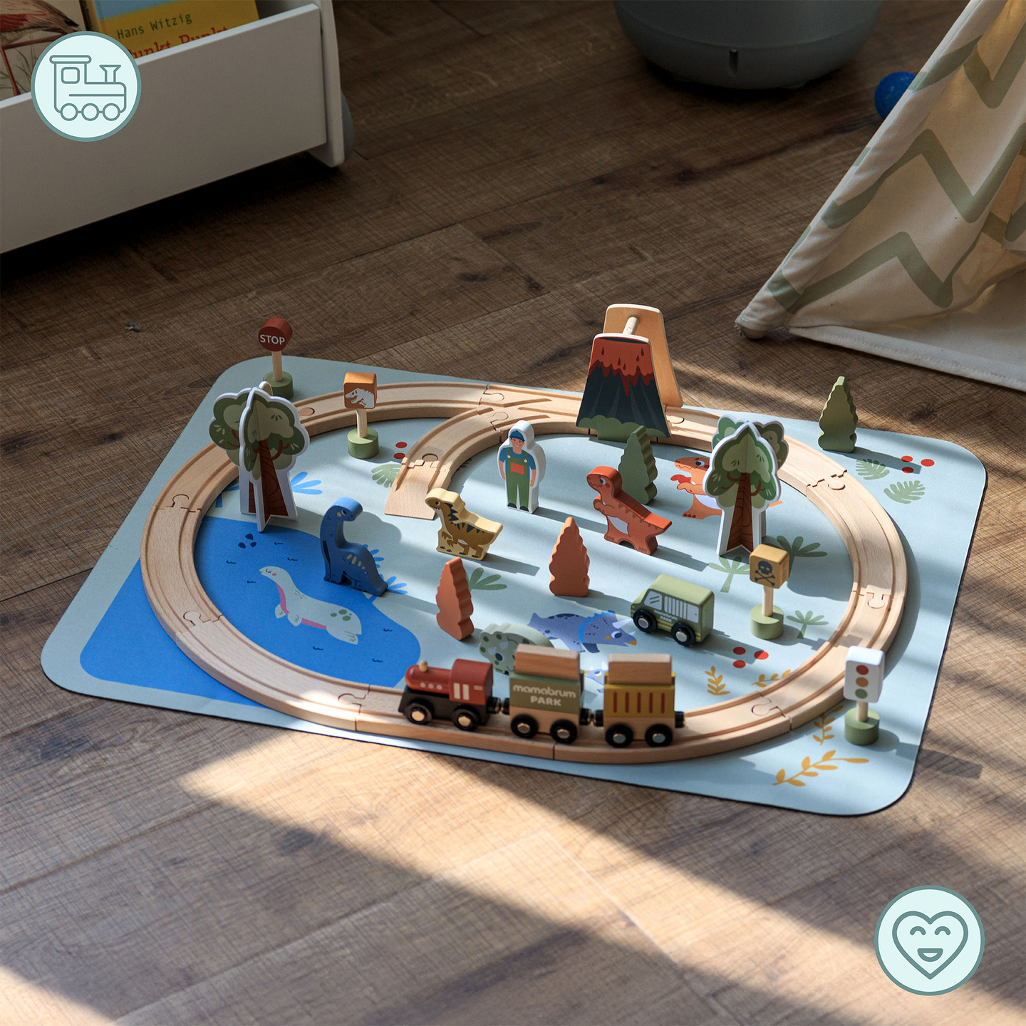 Trem de madeira Dino Park com tapete antiderrapante - dinossauros, trem, trilhos, vulcão, sino