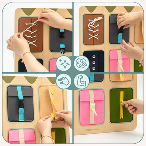 Quadro de atividades Montessori de madeira – Aprendizagem sensorial da independência – cadarços, fivelas, botões, fechos de pressão, zíper