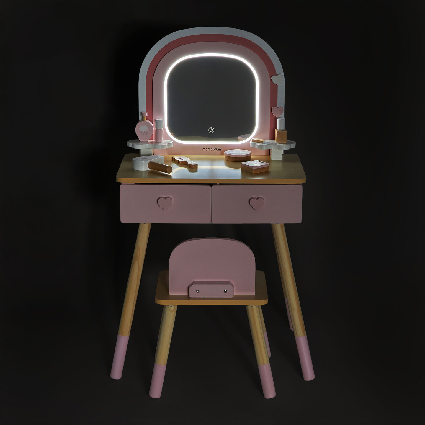 Penteadeira infantil de madeira com iluminação LED de ajuste suave de brilho, cadeira e acessórios.