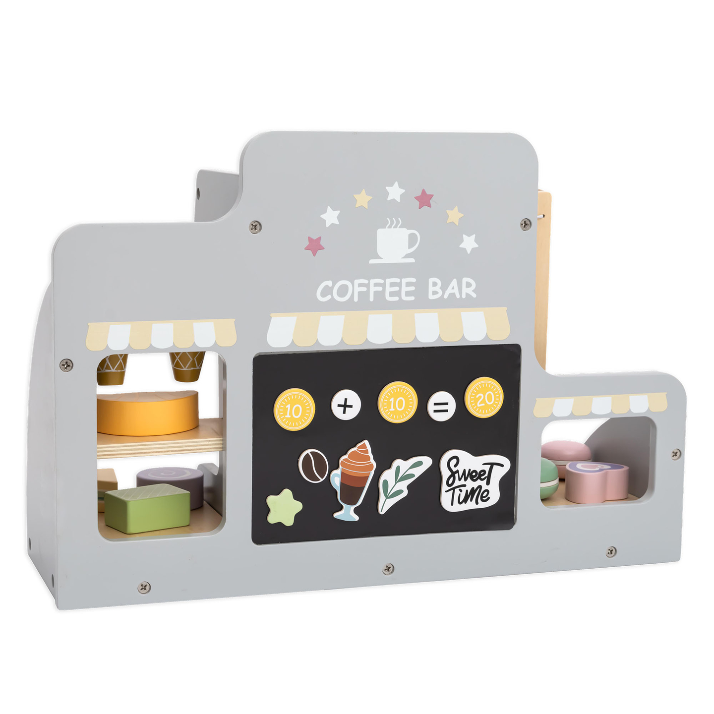 Uma grande gelataria de madeira com quadro magnético, máquina de café e conjunto de gelados e sobremesas - mais de 70 peças!