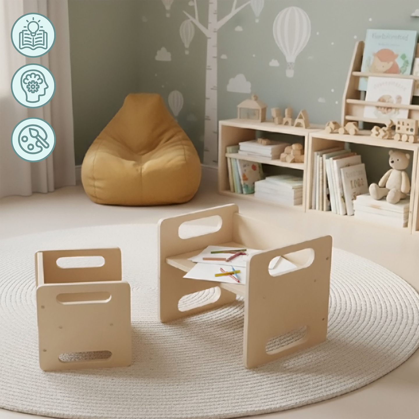 Mesa e cadeira de madeira com função de trampolim – um conjunto Montessori multifuncional para crianças