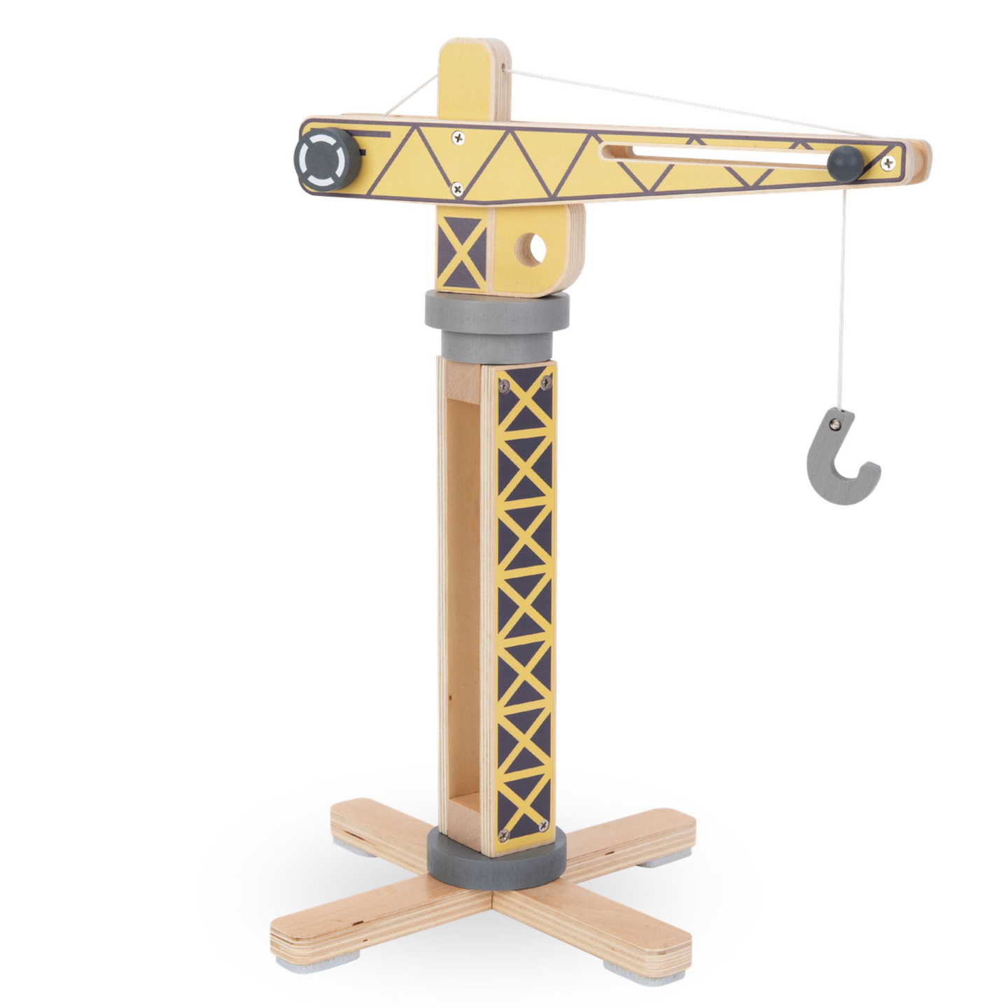 Canteiro de obras de madeira com grande guindaste móvel e veículos, guindaste de torre