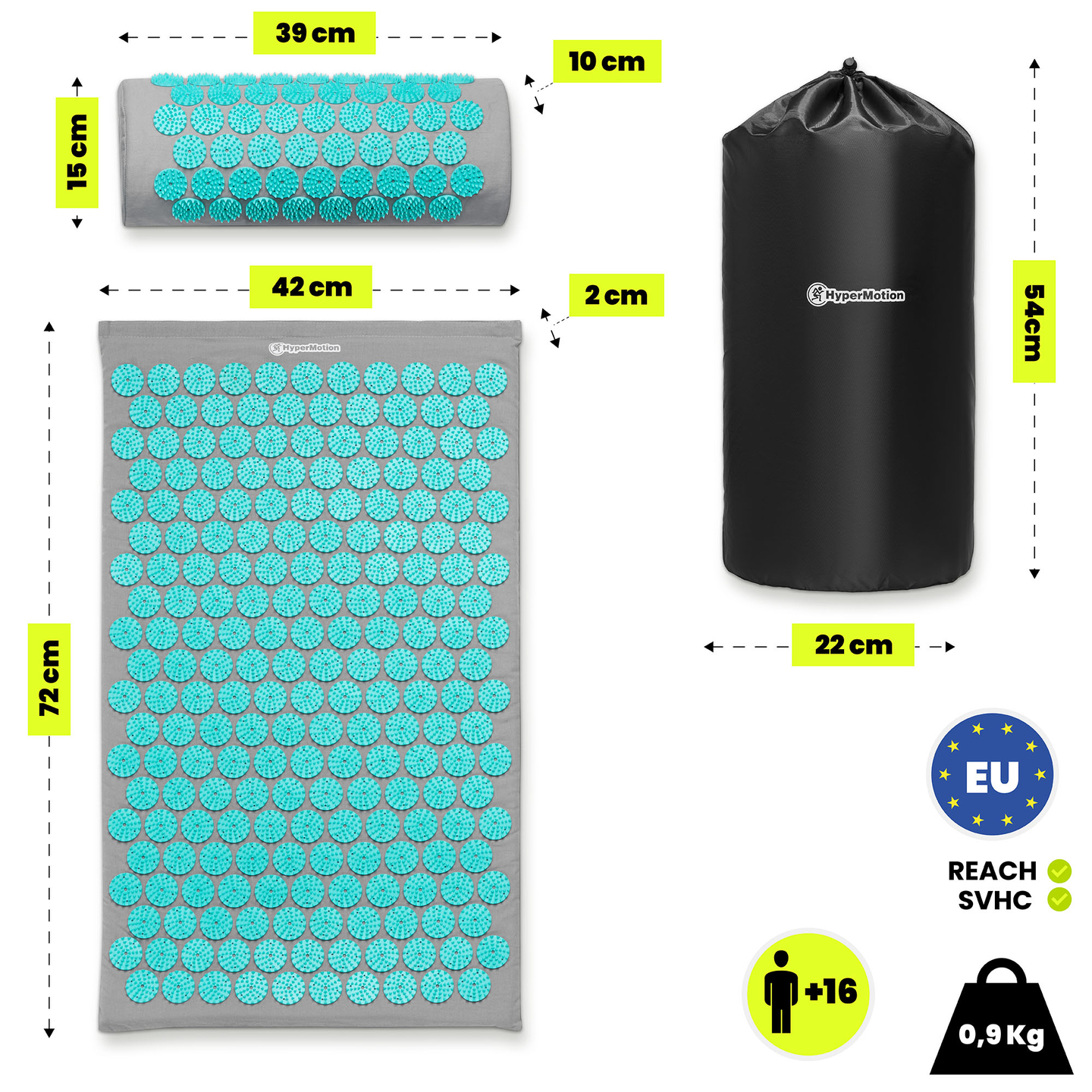 Tapete de acupressão com almofada e capa - 72 cm HyperMotion cinza-menta