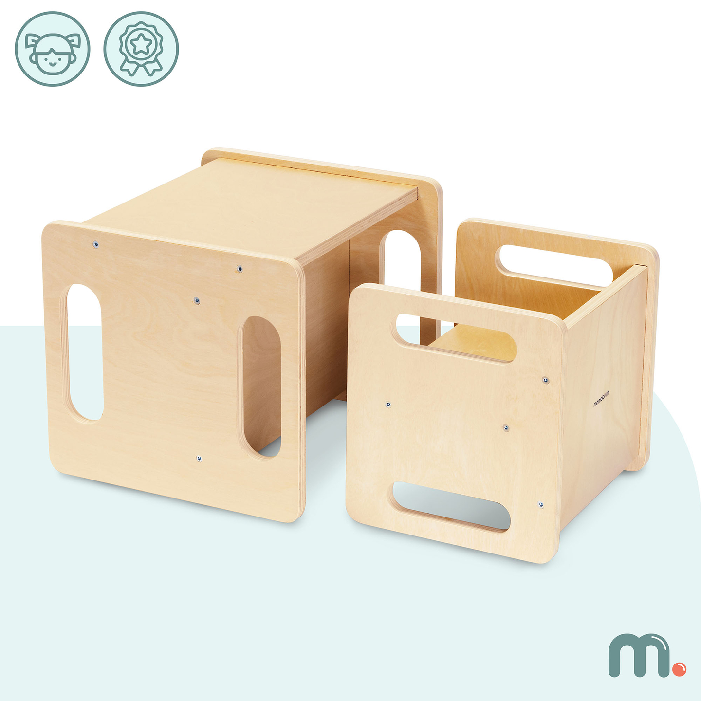Mesa e cadeira de madeira com função de trampolim – um conjunto Montessori multifuncional para crianças