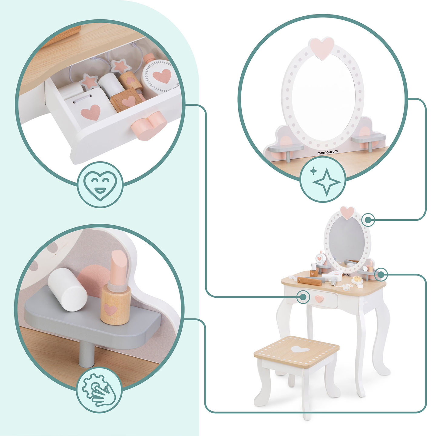 Penteadeira de madeira com banco e acessórios