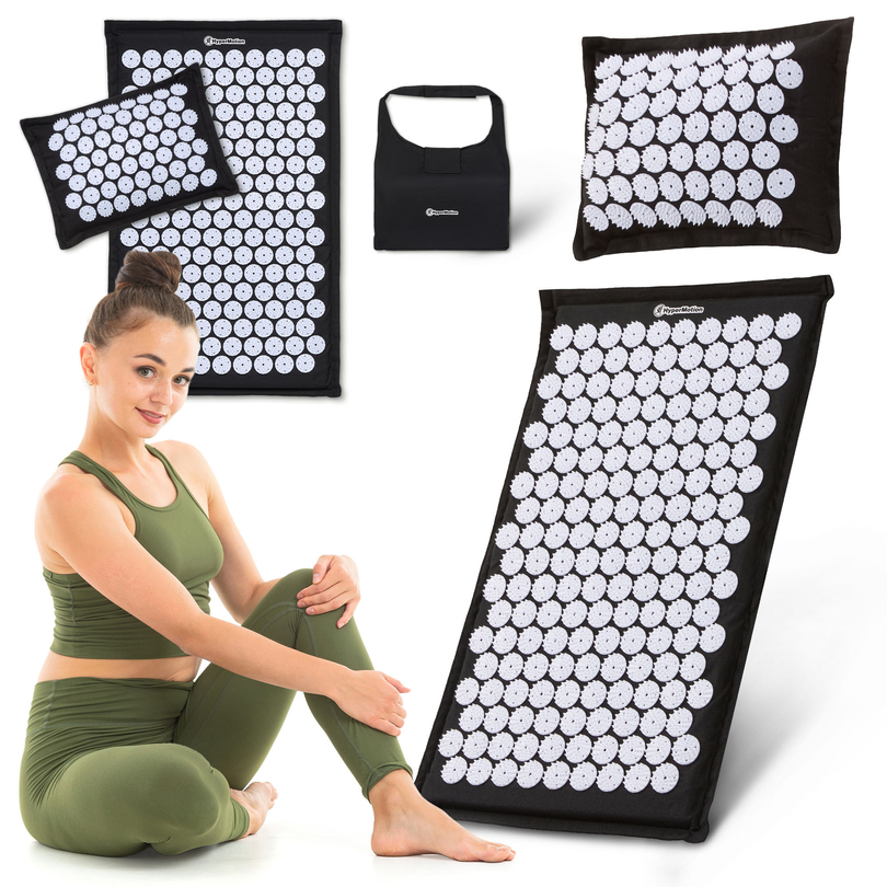 Tapete de acupressão em linho ecológico com fibra de coco e almofada de trigo sarraceno – 68 cm HyperMotion Preto e Branco