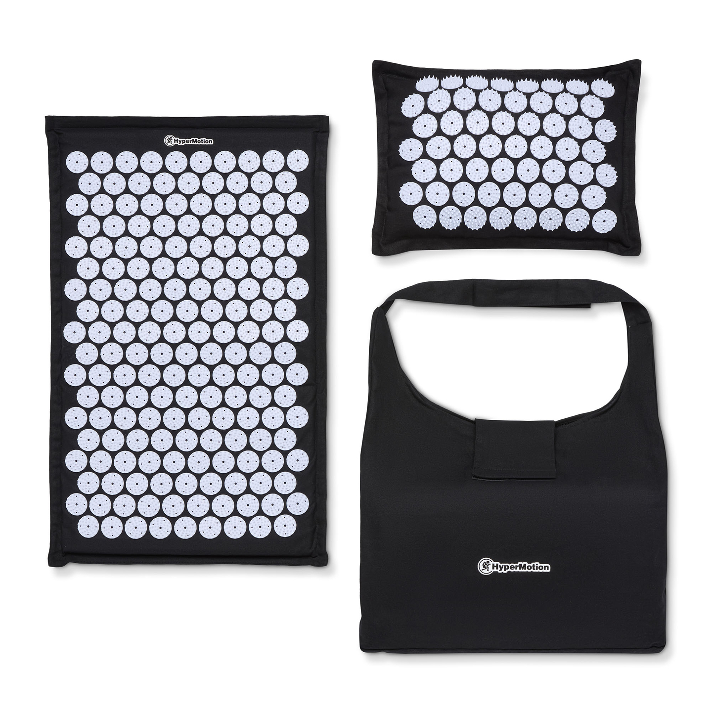 Tapete de acupressão em linho ecológico com fibra de coco e almofada de trigo sarraceno – 68 cm HyperMotion Preto e Branco