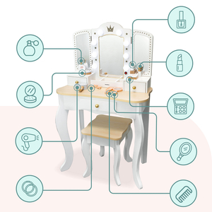 Penteadeira de madeira XXL com banco e iluminação LED para crianças + acessórios