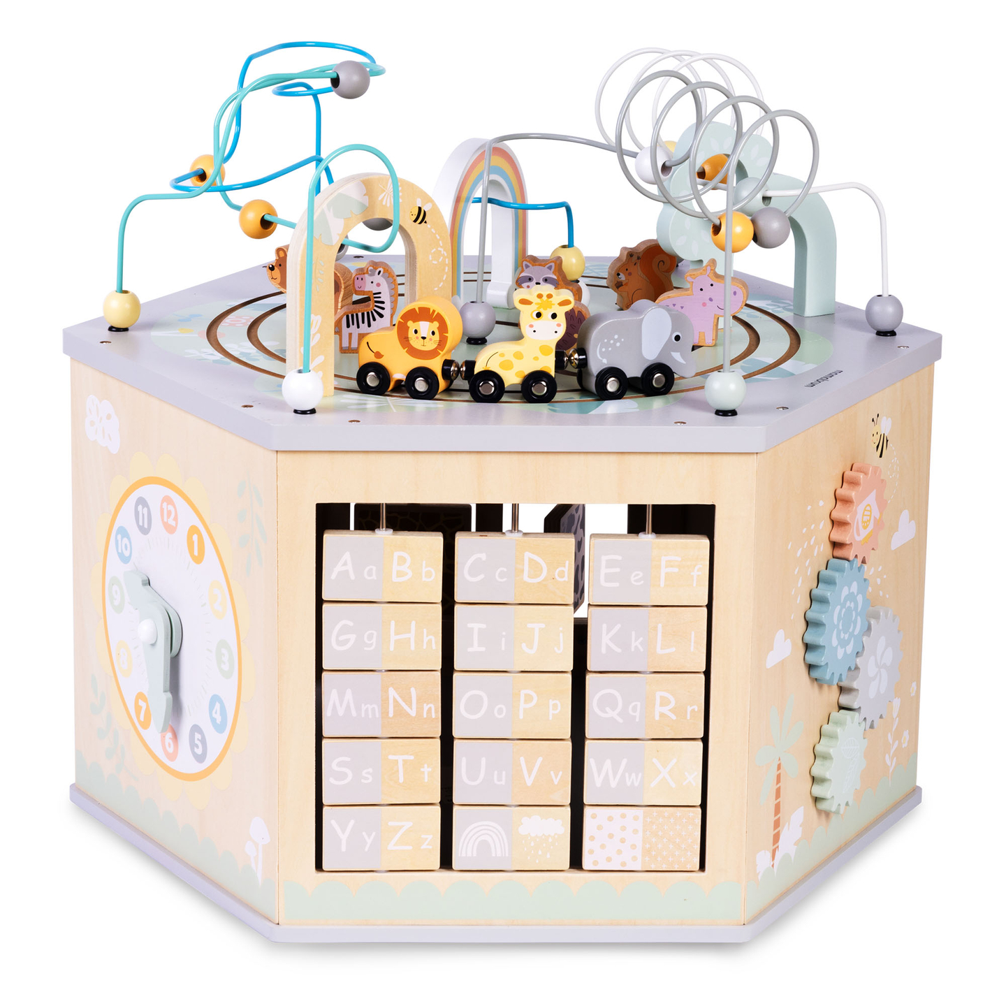 Grande cubo educacional de madeira - um brinquedo Montessori com um trem magnético e laços de motor