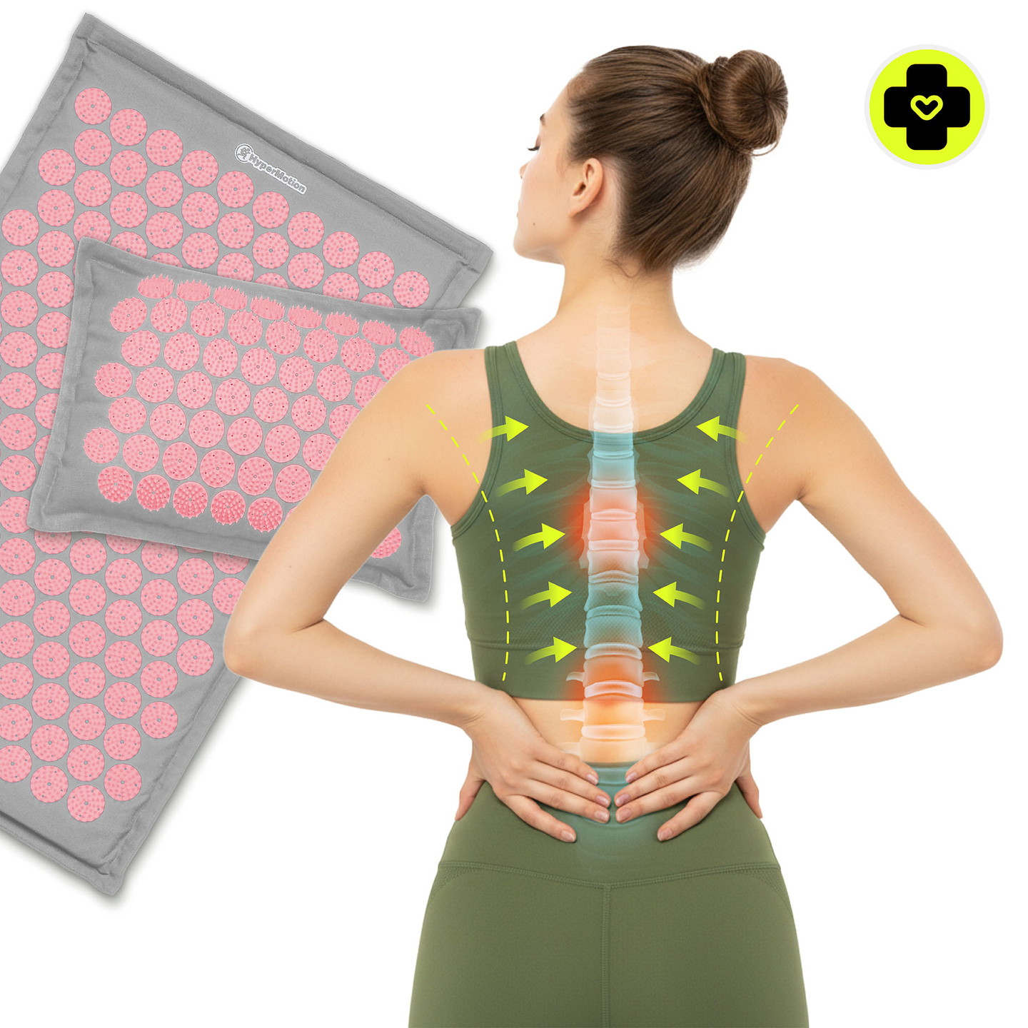 Tapete de acupressão em linho ecológico com fibra de coco e almofada de trigo sarraceno – 68 cm HyperMotion Cinza e Rosa