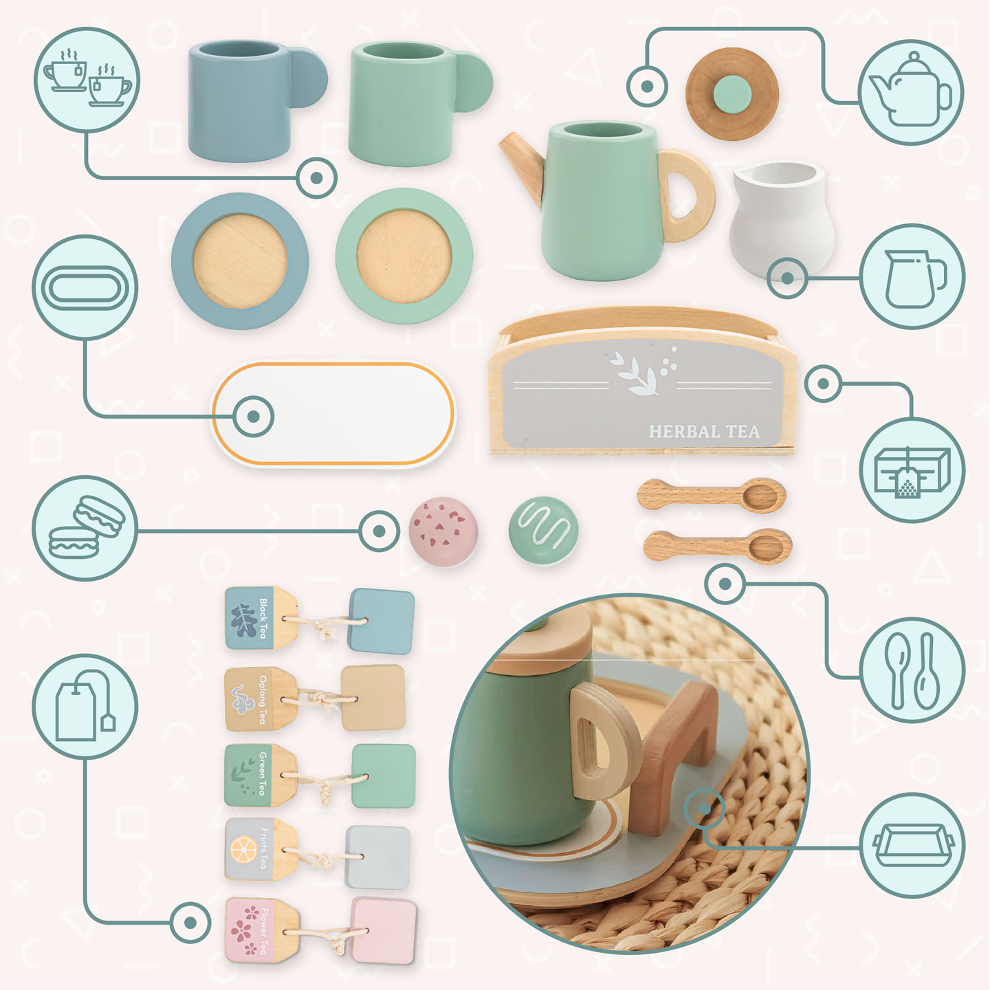 Conjunto de chá grande em madeira com tabuleiro - 18 artigos