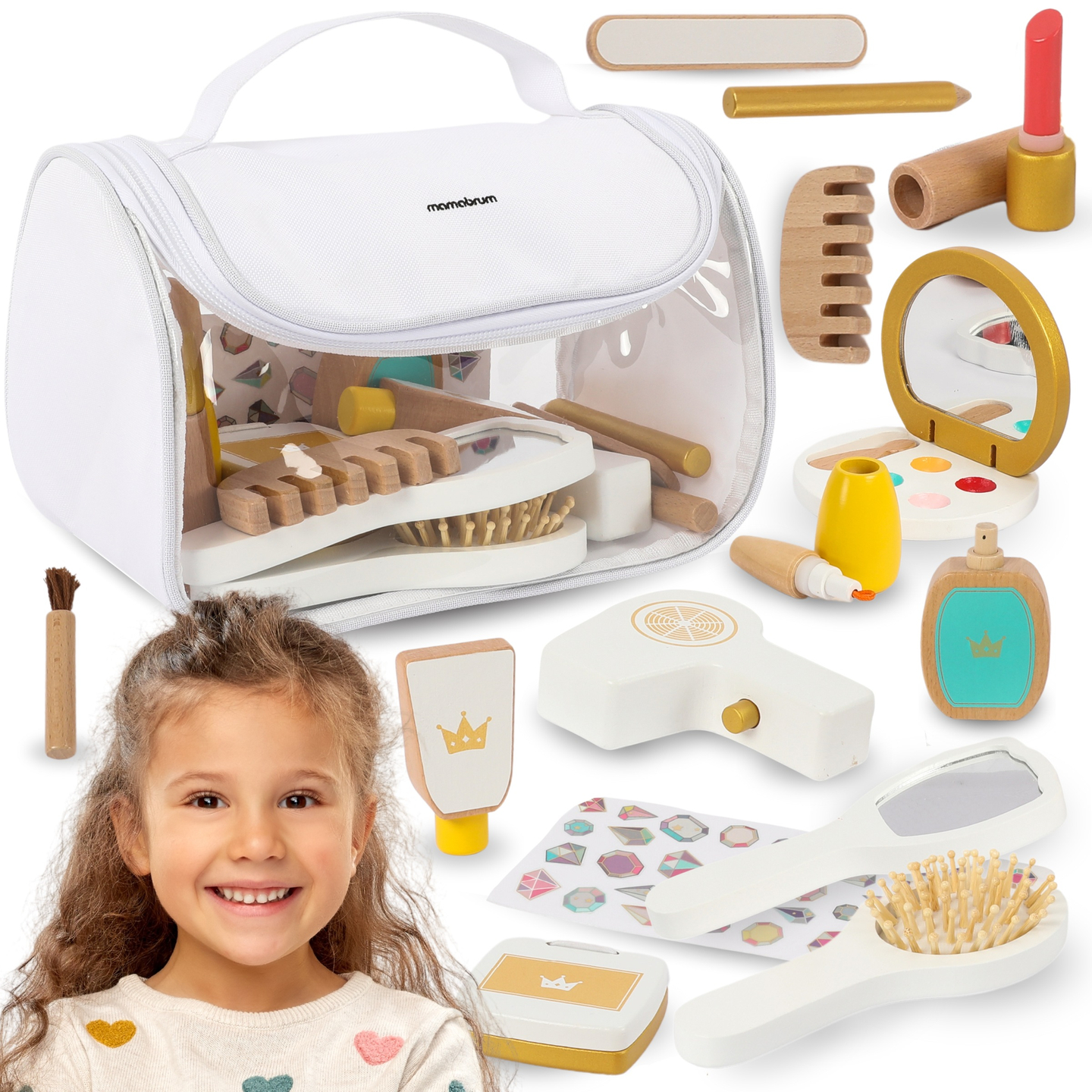 Conjunto de maquilhagem para crianças - bolsa de maquilhagem + acessórios de madeira, 15 peças