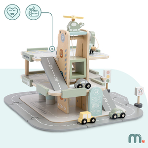 Garagem de madeira de três andares para crianças com acessórios – estacionamento, posto de gasolina, lava-rápido, helicóptero
