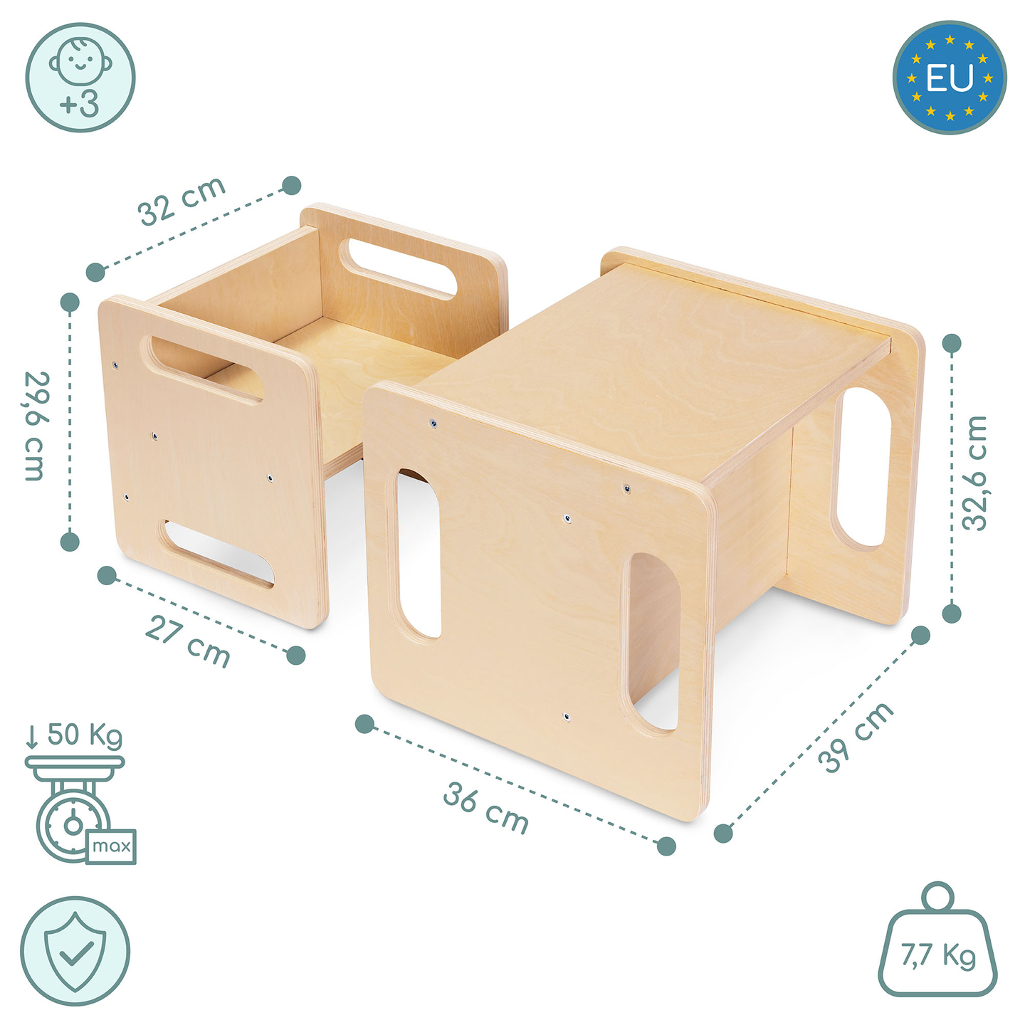 Mesa e cadeira de madeira com função de trampolim – um conjunto Montessori multifuncional para crianças