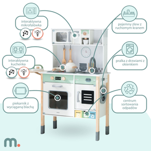 Cozinha interactiva com máquina de lavar roupa, máquina de lavar louça e quadro de giz